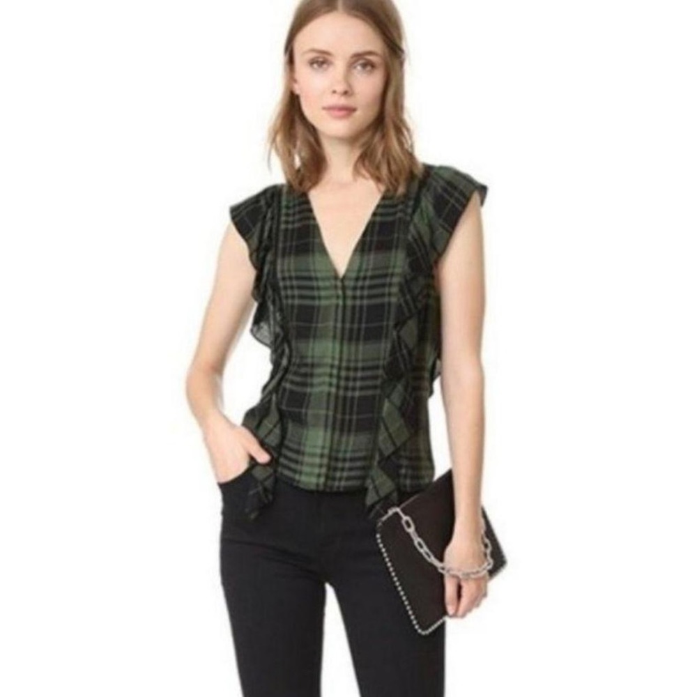 Army Green + Black Plaid Ruffled Top